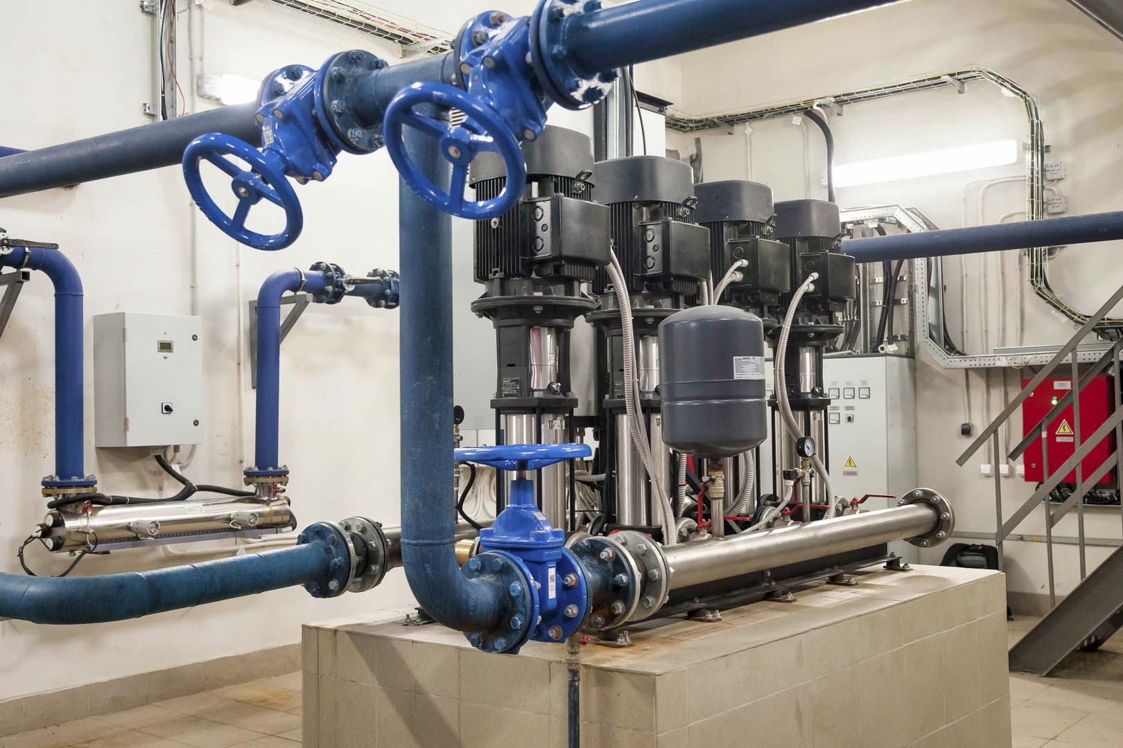 Industrial Interior Of Water Pump, Valves, Pressure Gauges